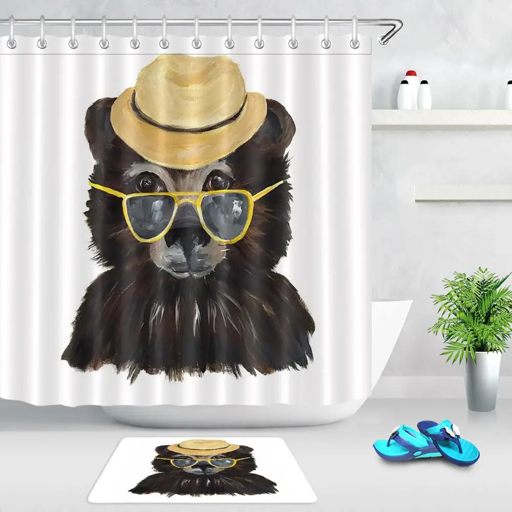 Акварельная занавеска для душа с изображением коричневого медведя животного