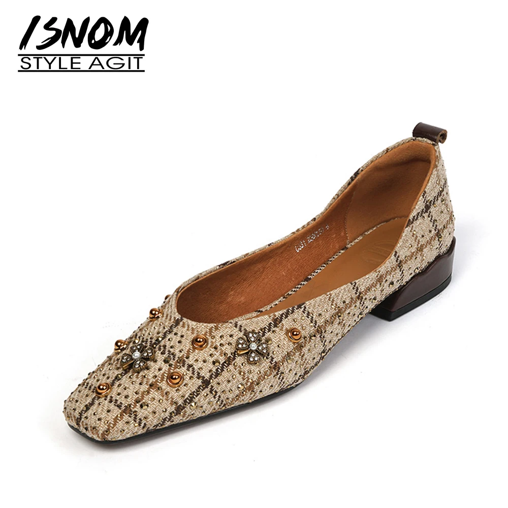 

ISNOM Women Rivet Flats Casual Chunky Heels Square Toe Shallow Slipped Loafers Elegant Party Spring Wedding Dress Shoes