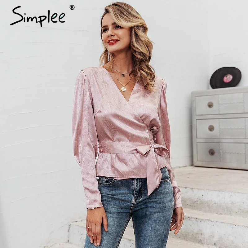 Simplee Sweet printed women blouse shirt Elegant v neck sash bow tie female tops Puff sleeve autumn winter ladies blouses 2019 | Женская