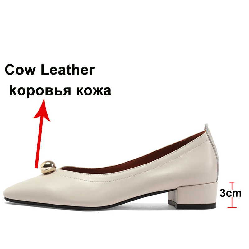 

FOREADA Women Shoes Pumps Natural Genuine Leather Med Heels Metal Decoration Thick Heel Shoes Square Toe Lady Footwear Beige 40