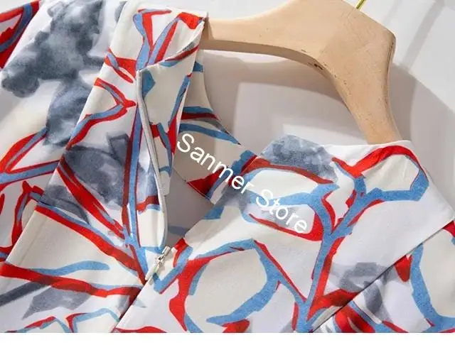 

Women's Graffiti Print Dress O-neck Loose Puff Sleeve Contrast Color High Waist Lady Knee-length Dresses New