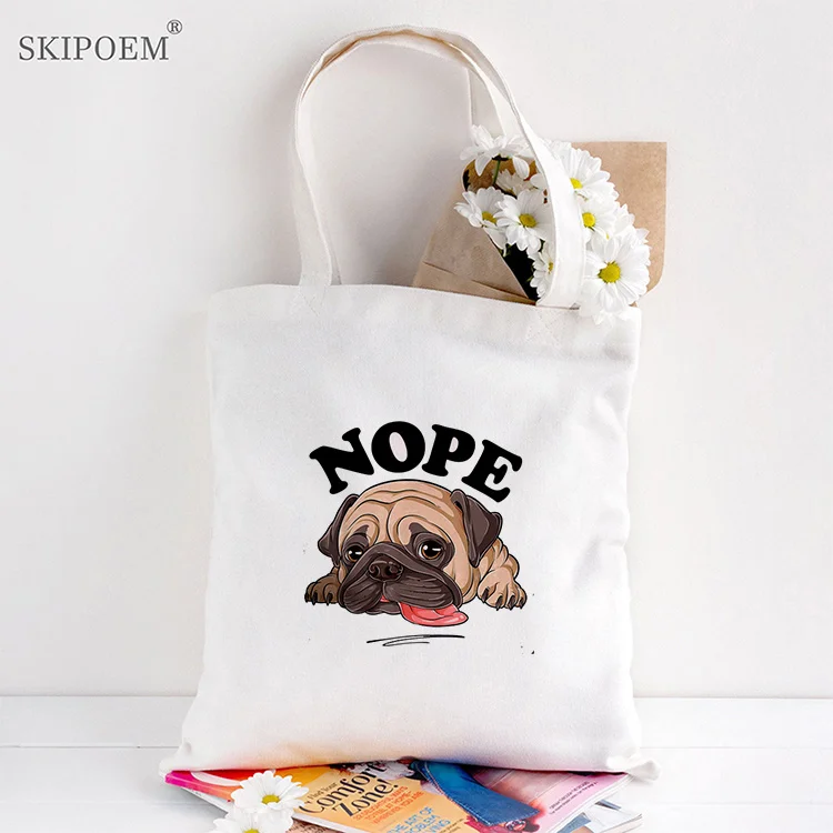 

Пляжная Холщовая Сумка-тоут, сумки для покупателей, большая вместительность, белая женская эко-сумка, Женская мопса, милая художественная Э...