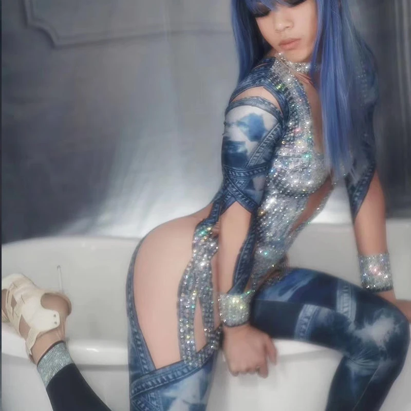 Denim Pattern Print Sparkly Rhinestones Jumpsuit Sexy Costume Women Stage Performance Dance Stretch Bodysuit designer Show Wear