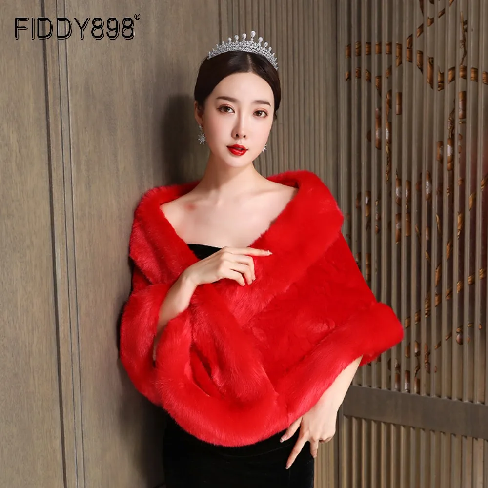 

Новый красный зимний Болеро Свадебная шаль из искусственного меха для невесты элегантная женская накидка Свадебные аксессуары BW83