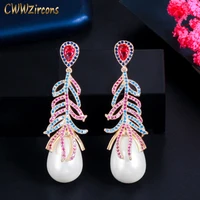 cwwzircons elegant design multicolor cubic zirconia dangle long pearl drop earrings for women gold color party jewelry cz876