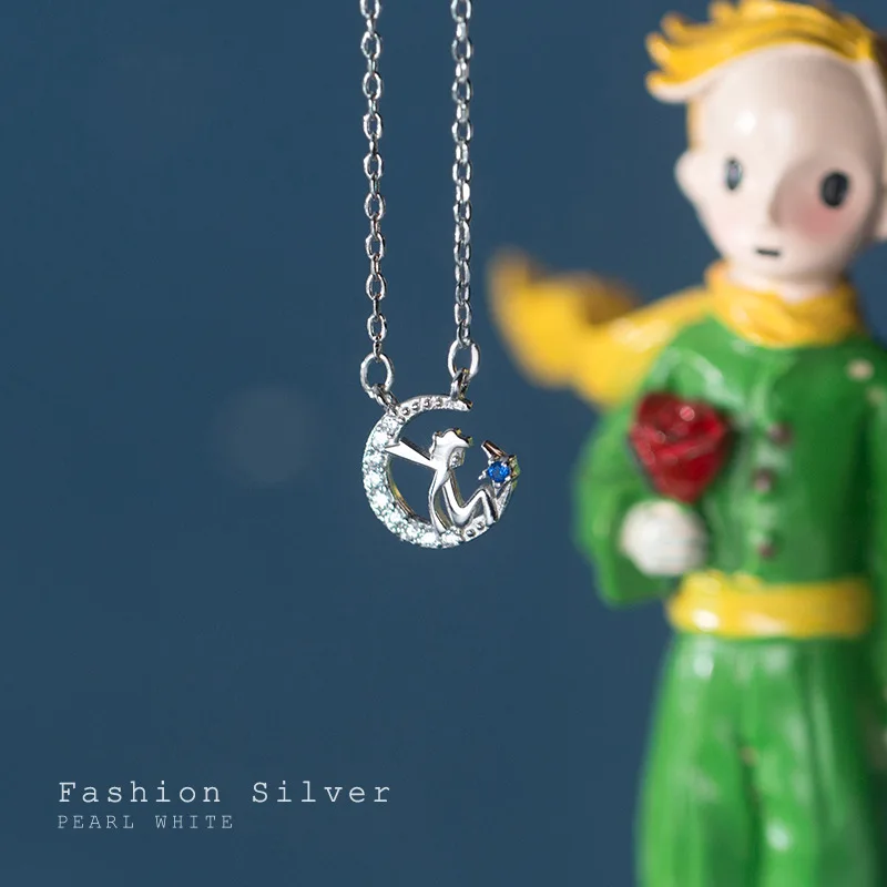 

GCC179 Real 925 Sterling Silver Little Prince and Moon Pendant Necklace Star Moon Necklaces for Women Girls