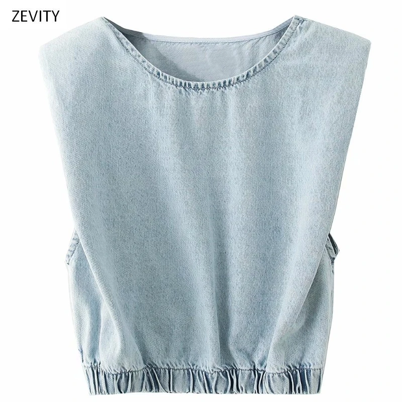 Женская винтажная блузка с круглым вырезом Джинсовая без рукавов мягкими