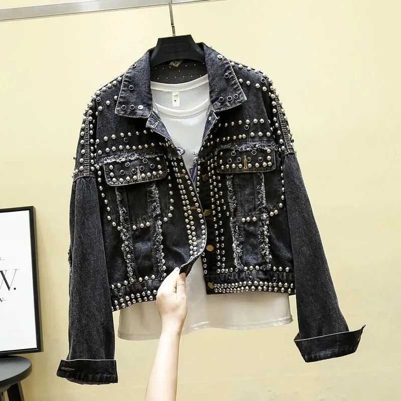 2021 New Autumn Women Denim Jacket Heavy industry Rivet Beaded Jeans Coats Long Sleeve Casual Female Loose Outwear Plus Size | Женская
