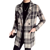2021 men turn down collar wool knit sweater trench coat male double breasted fit woolen plaid casual long windbreaker jacket