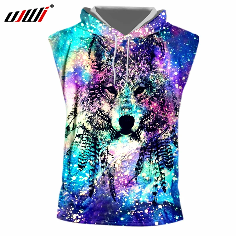 

UJWI 2018 Summer Tops Men Cool Print Starry Star 3D Wolf tank top Casual Tshirt Homme Fitness O Neck Sleevelss Hooded vest 6xl