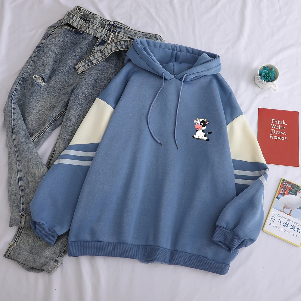 

Dairy Cattle Hoodie Woman Hooded Patchwork Sweatshirts Kawaii Korean Autumn Winter Fashion Long Sleeve Thicken Casual Streetwe
