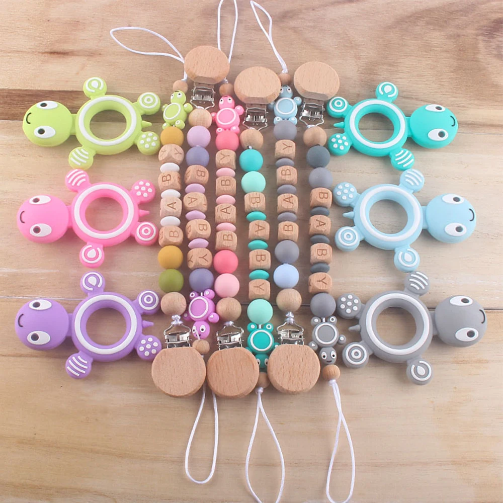 

Baby Pacifier Clip Beech Wooden Bead Tortoise Silicone Rattle Chain Toys Teething Soother Toy Dummy Clips Holder for Shower Gift