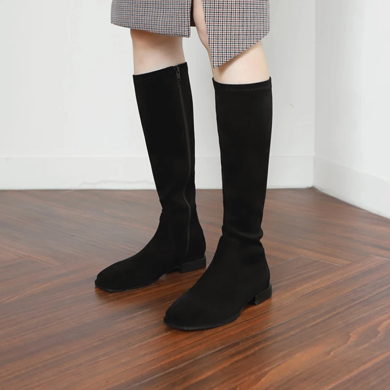 

Женские высокие ботинки, сезон осень-зима 2020, женская обувь на толстом каблуке с квадратным носком, кожаные ботинки стрейч, Размеры 33-42