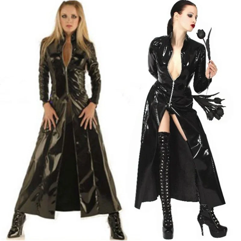Fashion sexy plus size vinyl clubwear balck pvc faux leather long sleeves gothic long coat for men women PU leather coat trench