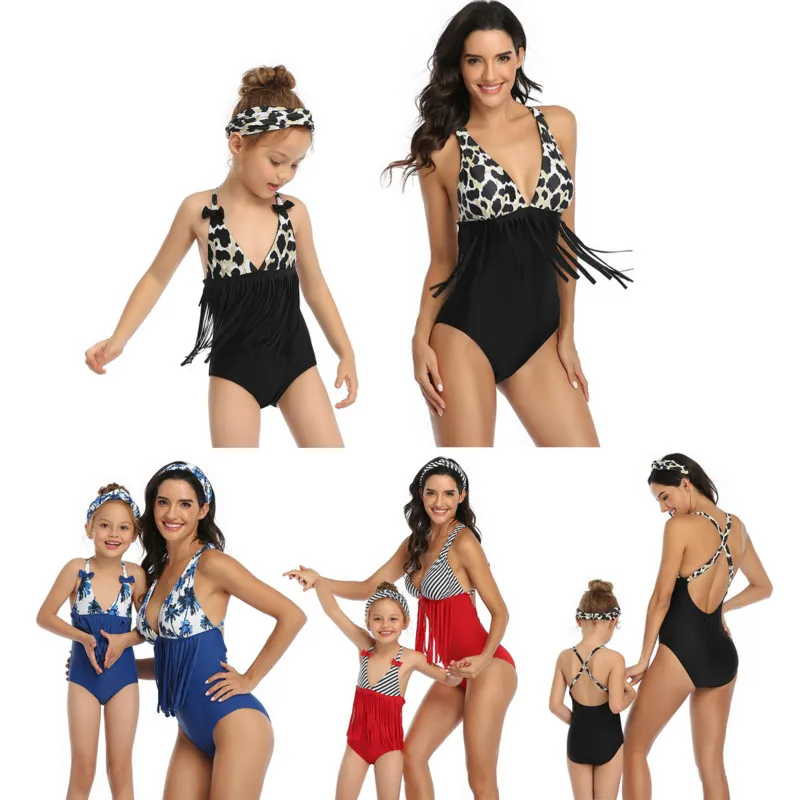 Новинка 2020 года леопардовый купальник с кисточками для мамы и дочки цельный