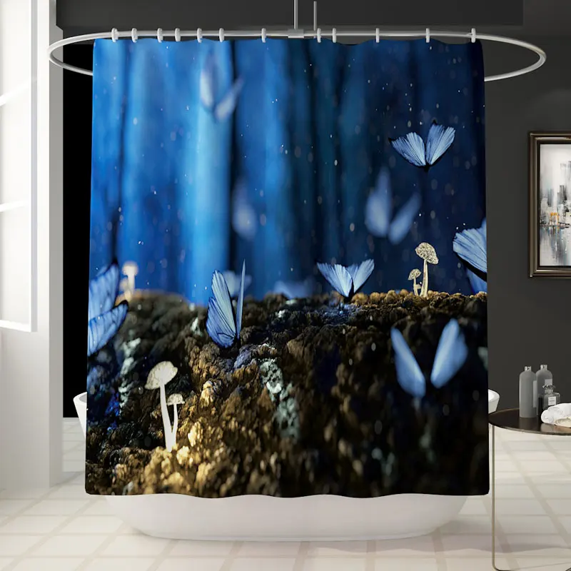 Водонепроницаемая занавеска для душа с 3D принтом синей бабочки Набор ковриков