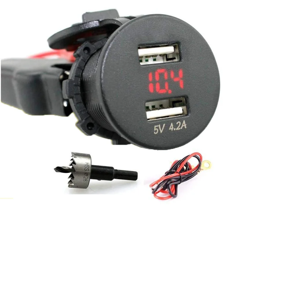 

2.1A Waterproof Dual USB Charger Power Supply Socket With Red Voltmeter And 60cm Cords Fuse Holder Twist Drilling Hole punch