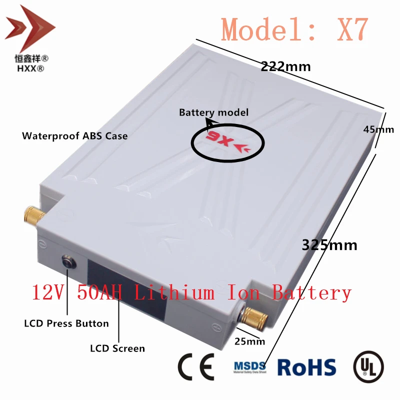 12V 50AH литий ионный Батарея Водонепроницаемый с ЖК дисплей встроенный 3 шнура BMS 50A