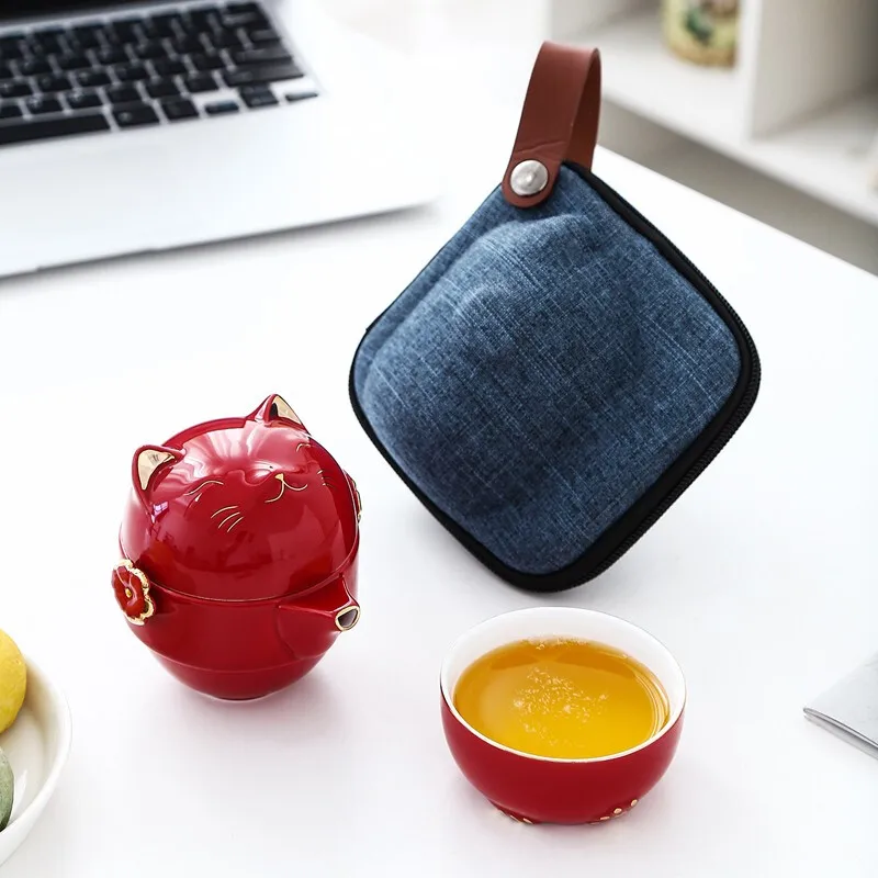 

Travel Tea Set Simple with Portable Bag Japanese Quick Cup One Pot Two Cups Cute Cat Ceramic Tea Maker