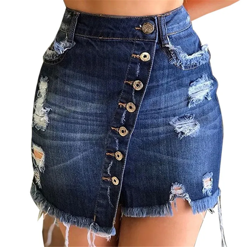 

YRRETY Blue Denim Skirt New Woman Washed Asymmetry Female Summer High Waist Elastic Bodycon Hip Jeans Tassel Hole Black Bottom