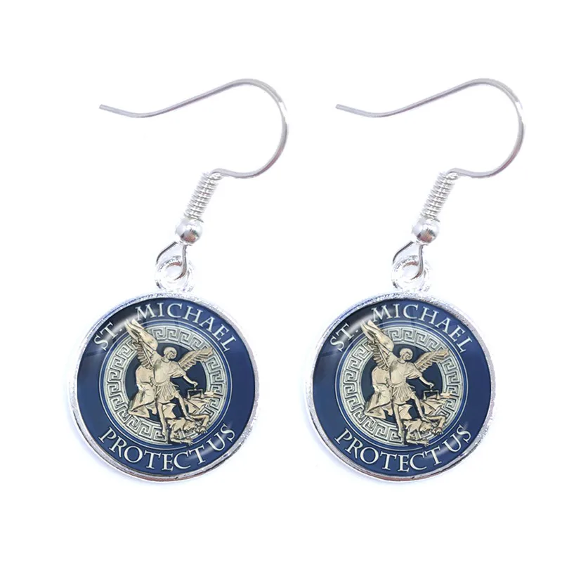 Glass Cabochon Earrings Archangel St.Michael Protect Me Saint Shield Protection Charm Russian Orhodox Drop Jewelry For Women | Украшения и