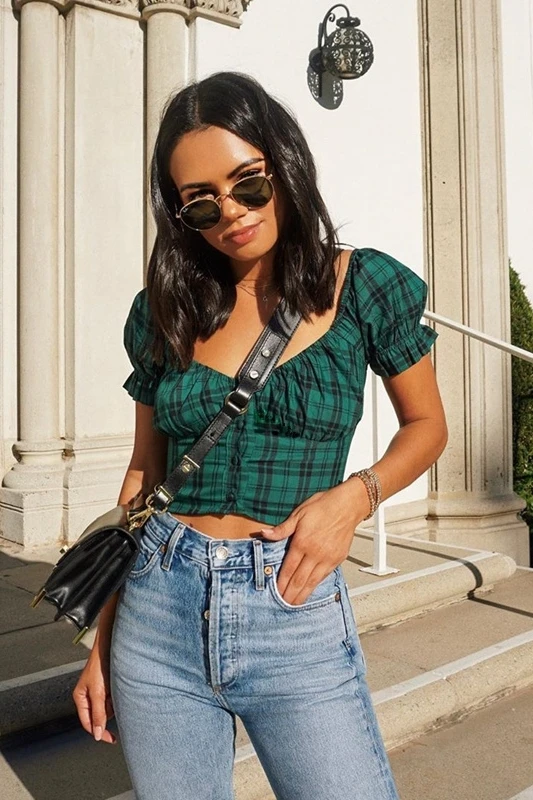 

2020 Special Offer Tumblr Kpop Summer T-shirt Women's Square Collar Check Single-breasted Cardigan Top Puff Sleeve Slim Short