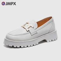 jmpx brand genuine leather women shoes metal buckle fashion white autumn thick soled casual retro shoes students british style