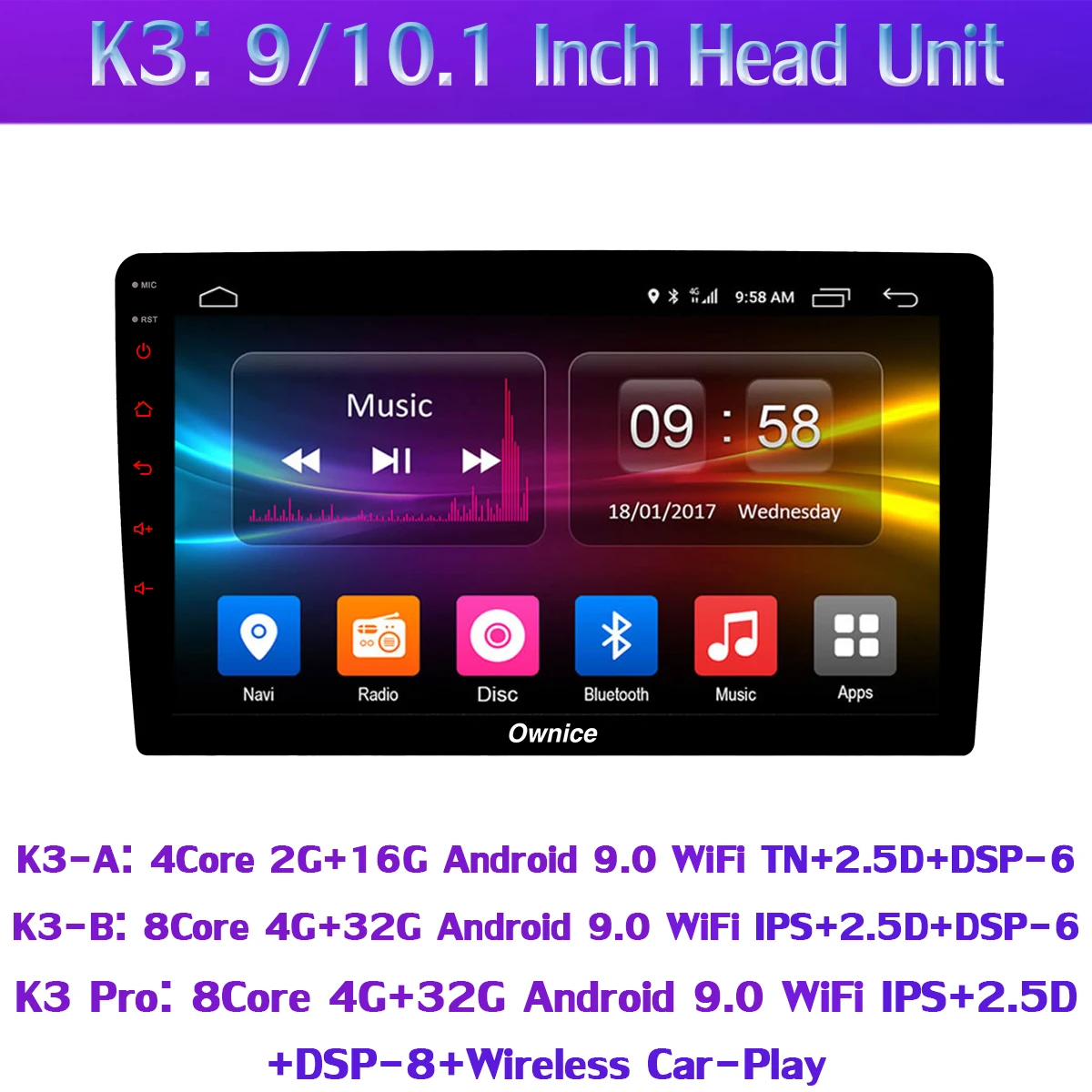 Автомобильный мультимедийный плеер Ownice K3 1 din Android 9 0 четырехъядерный 4 Гб + 32 ГБ Wi Fi