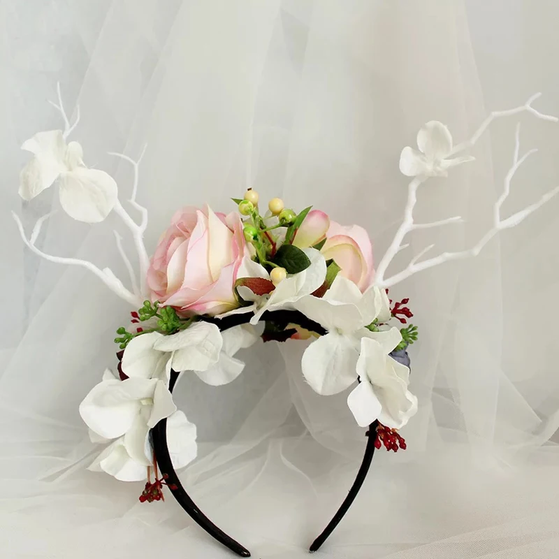 Fashion Deer horn Antler Flower Hairband Fairy Forest Fruit Branch Headdress Wedding Party Show Ladies White Flower Headband New