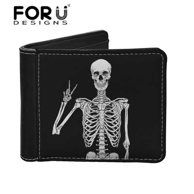 

FORUDESIGNS Fashion Luxury Wallets for Men Gothic Rock and Roll Skull Skeleton Print Leather Money Purse Black Card Holder