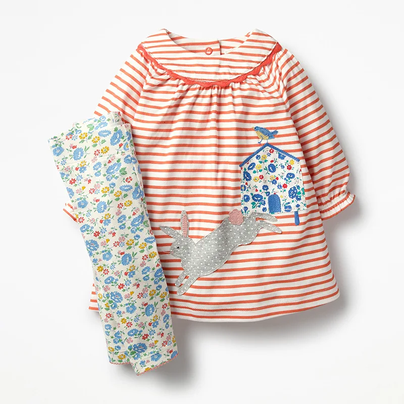 Little maven children's sets new autumn girls Cotton brand long sleeve striped rabbit applique t shirt+flower print pants - Цвет: Оранжевый