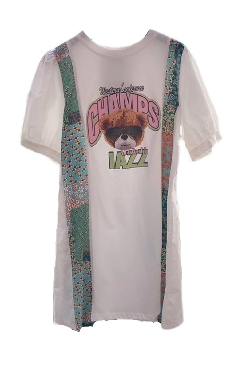 

2021 Summer Cartoon Print Stitching Floral Ribbon Short Sleeve Loose Mid-Length T-shirt Contrast Color Short Dress