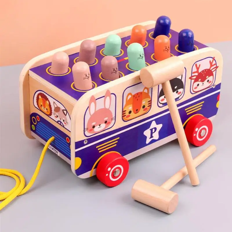 

Montessori Toys Wooden Pounding Car Toy With 2 Hammers Pull Along Toy Interactive Toys Early Educational Toys For Children Baby