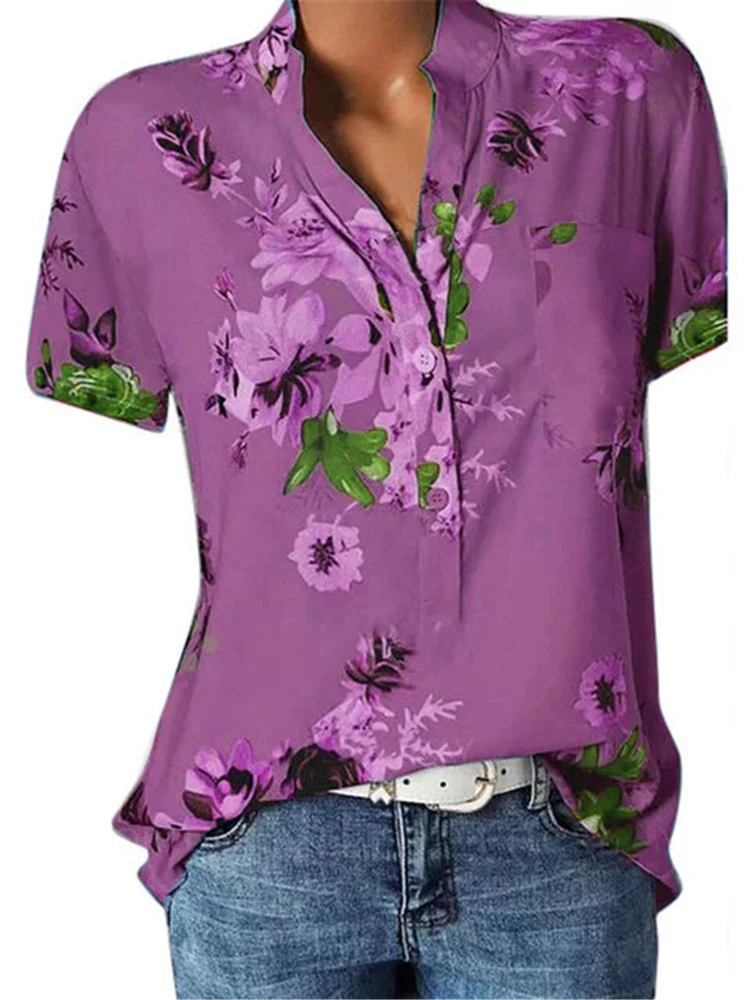New blouse shirt large size casual shirt V-neck short sleeve shirt women