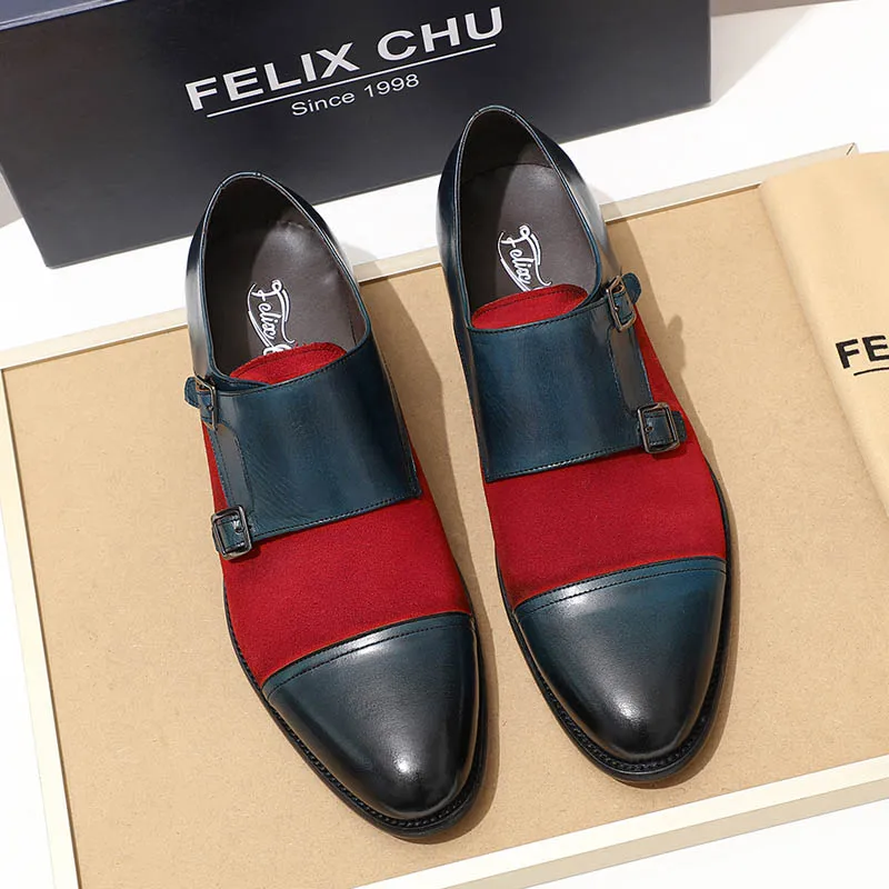 Red Мужские оксфорды FELIX CHU с закрытым носком; туфли из натуральной кожи и замши с двойным ремешком; современные модные модельные туфли; мужская повседневная обувь - Цвет: Red