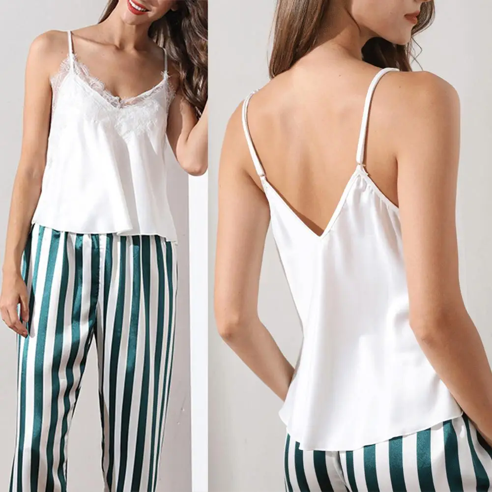 

Pajama Sets Women Leisure elegance Deep V Lace Brim Spaghetti Strap Camisole Long Pants Sleepwear Pajama Women's Sleep 2021