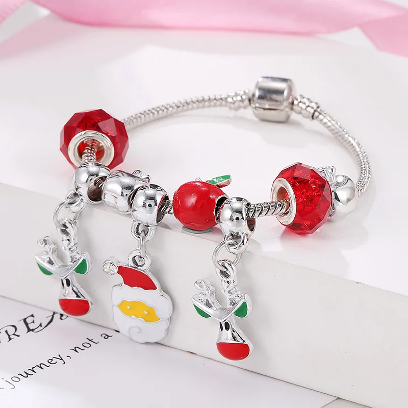 

2021New Santa Claus Christmas Jewelry Charm Bracelets Women for Kids Silver Stainless Steel Alloy Pendant Zircon Elk Bracelets