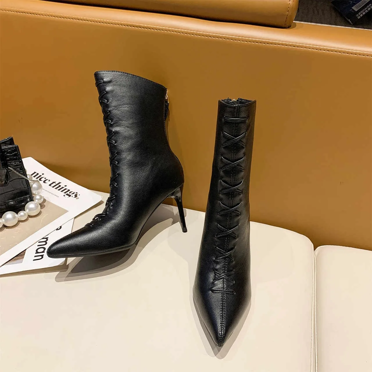Ladies Ankle Boots Winter Leather High Heels Boots Ladies Fashion Pointed Gladiator Black Women's Leather Shoes