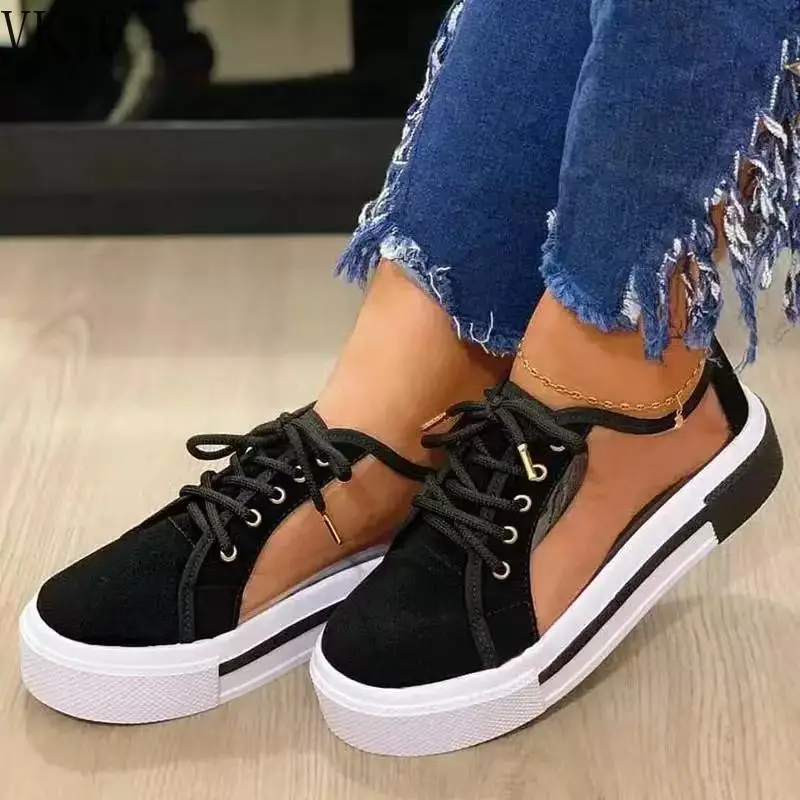 

35-43 Mesh Platform Women Loafers Outdoor Casual Round Toe Women Shoes Summer Solid Flat Sandals Breathable Lace-up Sneakers