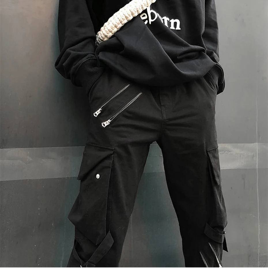 Брюки-карго мужские на молнии модные штаны с ленточными пуговицами уличная