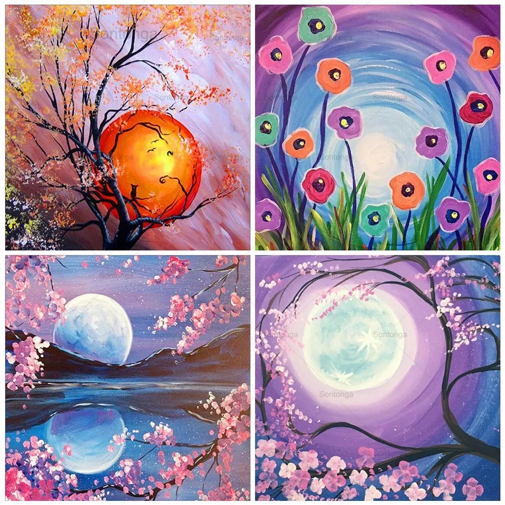 

Sontonga 5D Diy Diamond Embroidery Moon Full Square Diamond Painting Tree Landscape Cross Stitch Mosaic Wall Art Decoration
