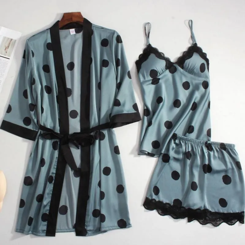 

3PCS Pajamas Women's Suit Sleepwear Pyjama Pour Femme With Shorts Sexy Lace Kimono Robe Gown Printed Polka Dot Home Clothing