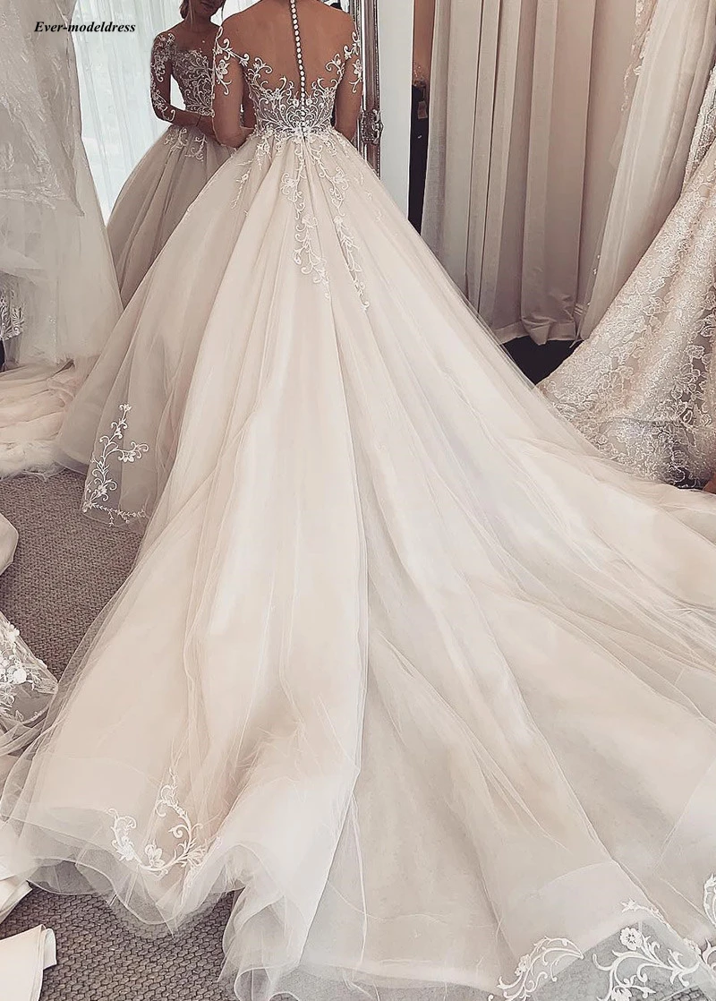 

Illusion Long Sleeves Wedding Dresses-2021 Zipper Back Appliques Pearls Chapel Train Vestido De Novia Bridal
