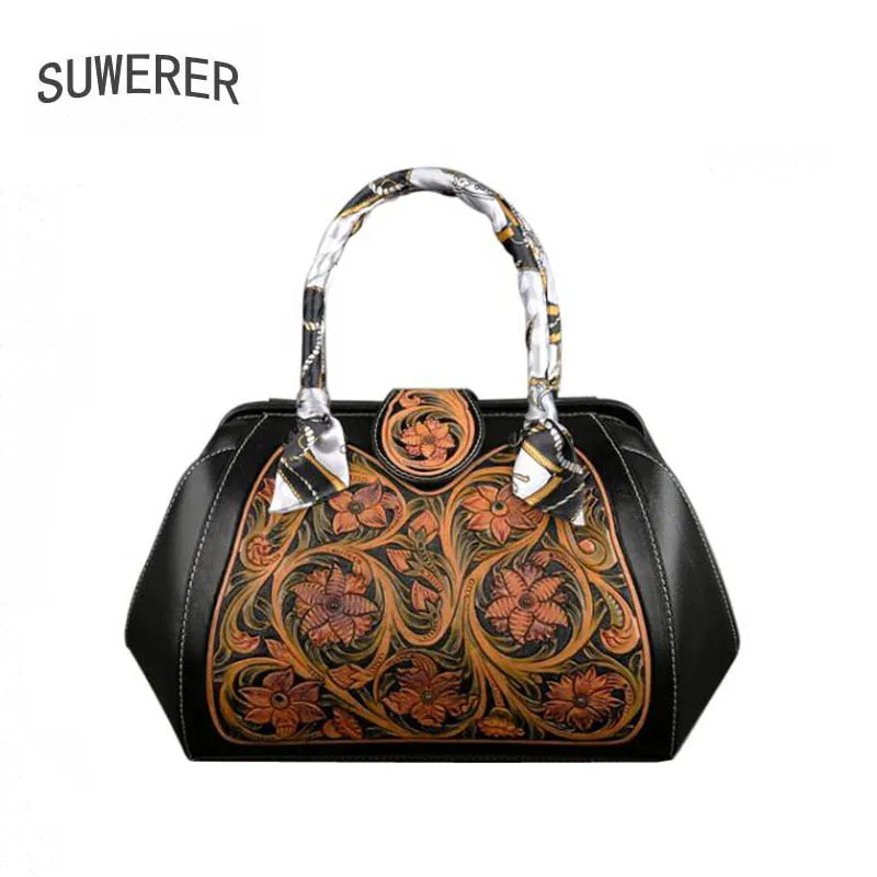 

SUWERER 2020 New Genuine Leather bags fashion real cowhide bag Luxury handbags women famous brand leather bag Hand Carved Bag