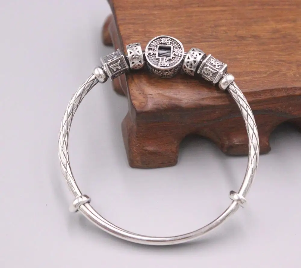 

New Pure Solid 999 Fine Silver Bracelet 12mm Coin And Six-word mantra Beads Smooth Bangle Diameter 56-62mm