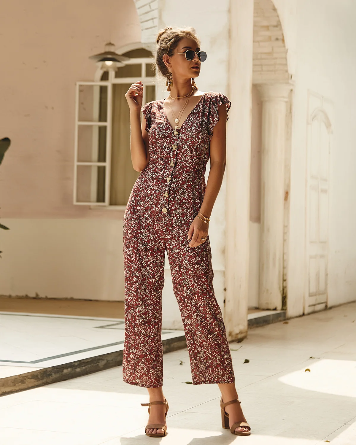 

2021 new fashion Chiffon Floral Jumpsuits Women Long Pants V Neck Wide Leg Pants Rompers Loose Holiday Bohemian Print Overalls