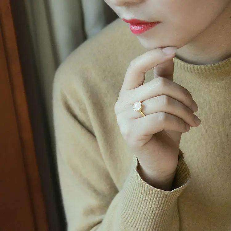 

New silver inlaid natural Hetian white Chalcedony opening adjustable ring Chinese retro niche design charm women's brand jewelry