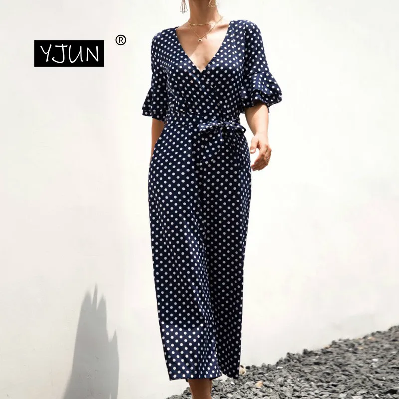 Summer Jumpsuit Polka Dot Casual Long Pants Ruffle Short Sleeve Vintage Boho Fashion Beach Overalls Women Rompers | Женская одежда