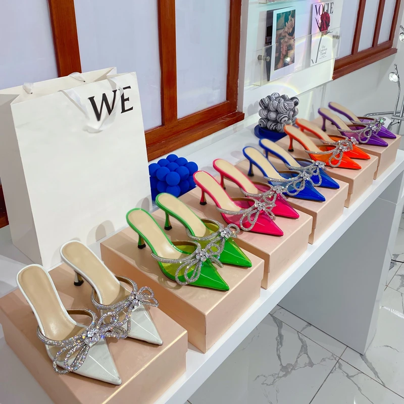 

Sandals Women 2022 Lady Poined Toe High Heels Shoes Pumps SLIDE HEEL bowtie CRYSTAL PVC Female Mules Luxury Designers Brand New