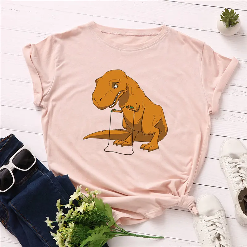 

Fashion Plus Size Women T-shirt 100% Cotton Tees Funny Dinosaur Printed Female T Shirt O-Neck Short Sleeve Tshirt Top